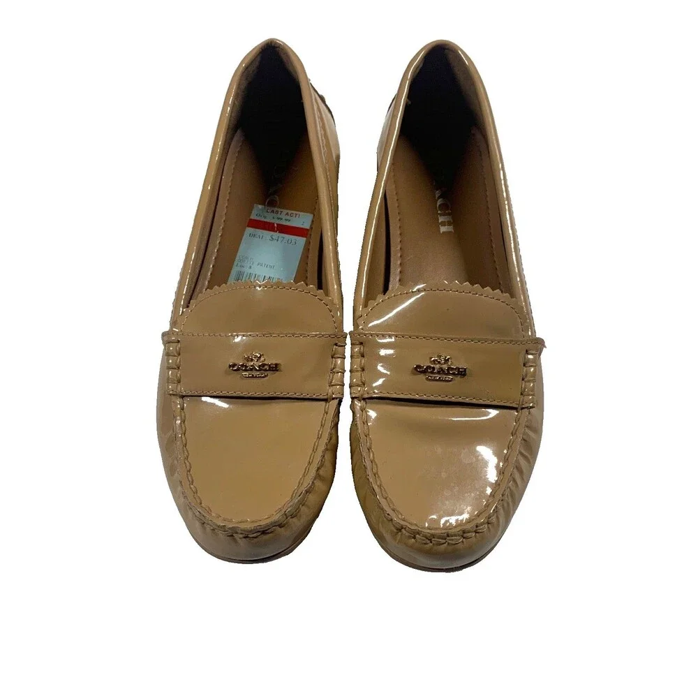 Coach Odette Tan Patent Leather Loafers Flats Womens Size 7 Gold Logo Preppy